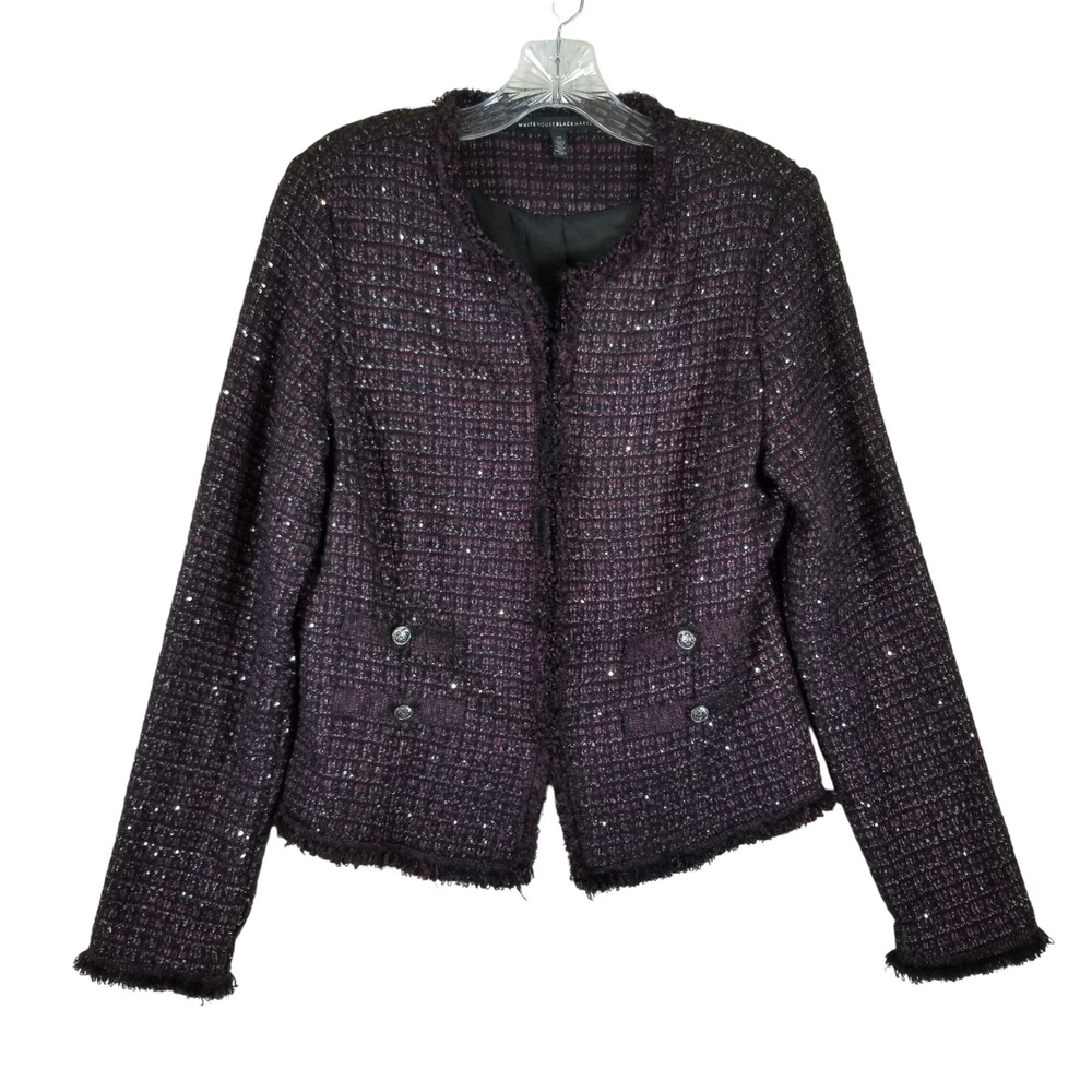 White House Black Market Jacket Women 10 Plum Sequin Tweed Fringed Blazer